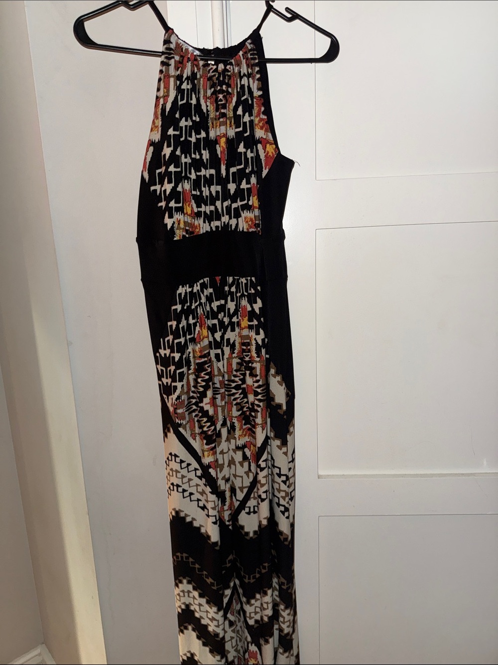 Maggy London Black Maxi Dress with Cream and Rust Pattern